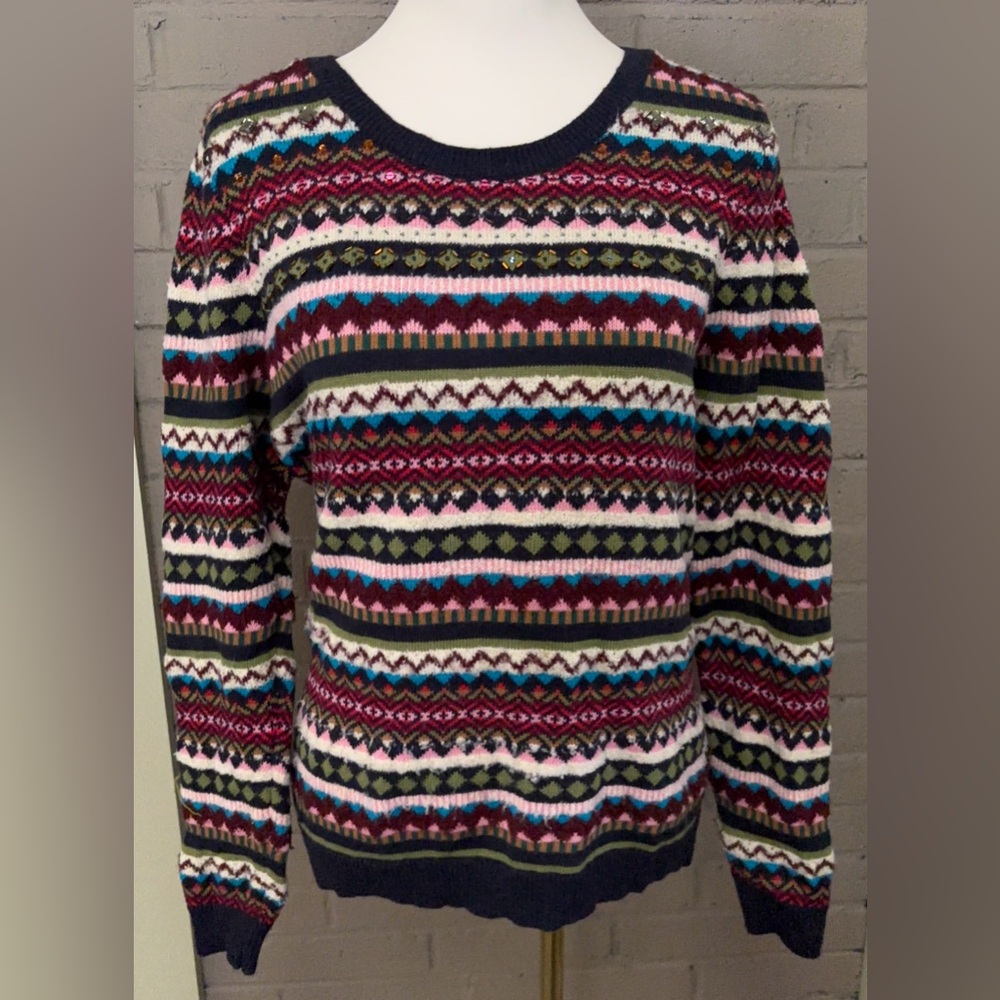 Talbots Colorful Pattern Crew Neck Wool blend Sweater L
